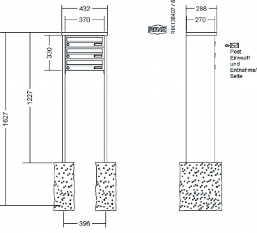 RENZ Briefkastenanlage freistehend, Tetro, Edelstahl V4A, Kastenformat 370x110x270mm, 3-teilig